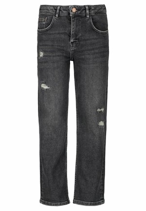 Czarne, postarzane jeansy o prostych nogawkach z przednimi i tylnymi kieszeniami, szlufkami na pasek i zapięciem na guzik w pasie.
