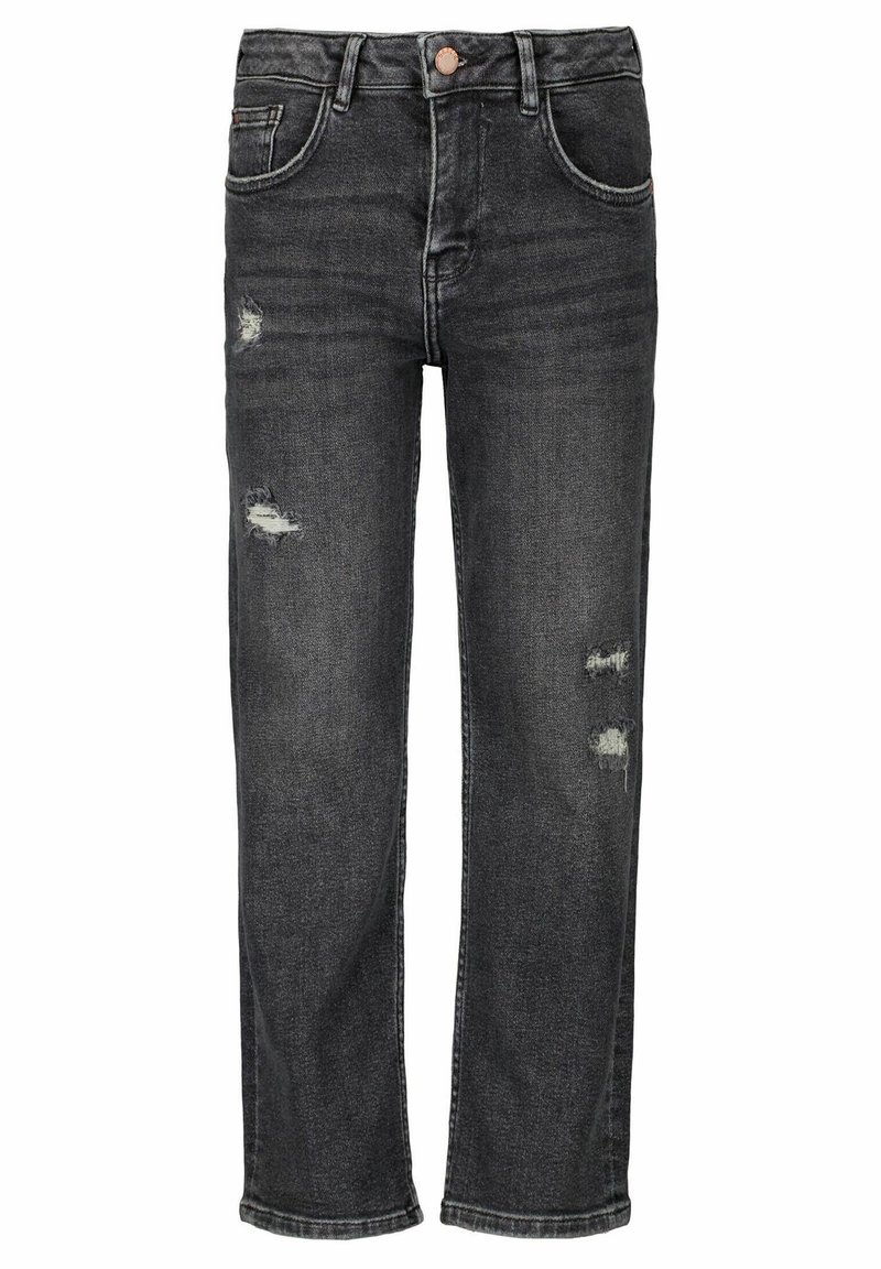Jean noir délavé à jambes droites avec poches avant et arrière, passants pour ceinture, et fermeture par bouton à la taille.