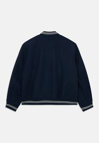 Tumesinine ülikooli jakk, millel on valged kahekordsed triibud krael, varrukatel ja helm, nähtud tagantpoolt ühevärvilisel taustal.