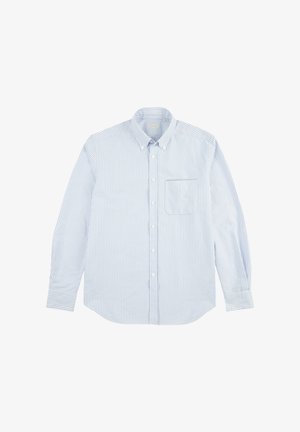 Lichtblauw gestreept overhemd met lange mouwen, een puntige kraag en een borstzak. Gemaakt van katoen met een gladde textuur.