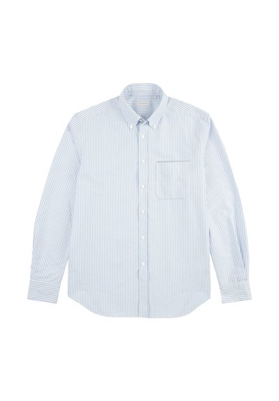 Camicia a righe blu chiaro con bottoni, maniche lunghe, colletto a punta e taschino sul petto. Realizzata in tessuto di cotone con una superficie liscia.