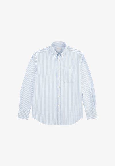 Camicia a righe blu chiaro con bottoni, maniche lunghe, colletto a punta e taschino sul petto. Realizzata in tessuto di cotone con una superficie liscia.