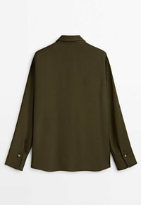 Olive green long-sleeve shirt with a collar, button cuffs, and a smooth texture. The back features a straight hem and minimal detailing.