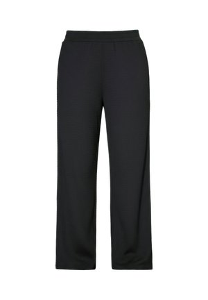 Zwarte wijde broek met een elastische tailleband, gemaakt van een gestructureerde stof, weergegeven op een witte achtergrond.