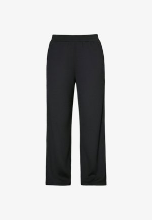 Pantaloni neri a gamba larga con vita elastica, realizzati in tessuto texturizzato, mostrati su uno sfondo bianco.