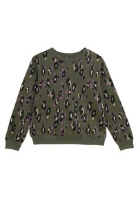 Sweatshirt vert olive avec un motif de léopard en noir, beige et violet. Présente des poignets et un ourlet côtelés, ainsi qu'un design classique à col rond.