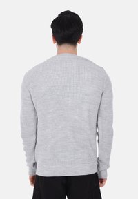 Maglione lavorato a maglia grigio chiaro con scollo a girocollo e polsini a coste, caratterizzato da un motivo testurizzato e una vestibilità rilassata. Vista posteriore mostrata.