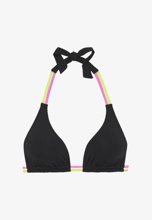Haut de bikini triangle noir avec des accents roses et verts lime. Dispose d'une attache autour du cou. Détails plissés au niveau de la bande. Texture du tissu lisse.