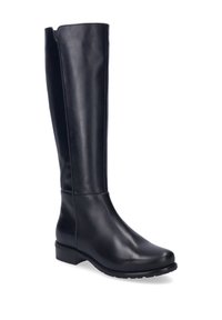 Bottes en cuir noires montantes avec une texture lisse, bout rond, petit talon bloc et un design épuré et minimaliste.