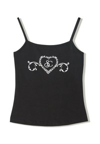 Sort bomulds tanktop med tynde justerbare stropper, med hvidt ornamenteret hjerte-design og initialerne "SC" i centrum.