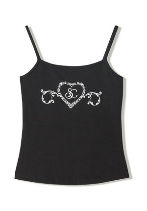 Schwarzes Baumwoll-Tanktop mit dünnen verstellbaren Trägern, das ein weißes, kunstvolles Herzdesign und die Initialen "SC" in der Mitte zeigt.