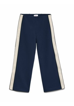 Navy wide-leg pants with a high waistband, featuring cream side stripes and black trim. Made from a textured fabric for added durability.