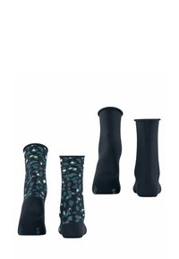 Skarpetki do kolan w ciemnoniebieskim kolorze z zielono-białym abstrakcyjnym wzorem na jednej parze i jednolitym ciemnoniebieskim kolorze na drugiej, z prążkowanymi mankietami.
