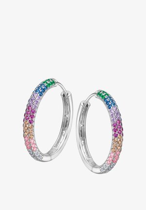 Boucles d'oreilles en argent en forme de créole avec un dégradé de pierres précieuses colorées, incluant des pierres vertes, bleues, violettes, roses, oranges et transparentes.