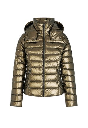 Pufferjack in metallic olijfgroen, met een ritssluiting aan de voorkant, capuchon en een horizontaal gestikt ontwerp. Inclusief zijzakken en een getailleerde pasvorm.