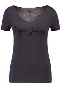 Tmavě šedé tričko s krátkým rukávem vyrobené z jemné tkaniny, s výstřihem do V a texturovaným černým logem "Pepe Jeans 1973" na přední straně.