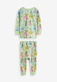 Green pajama set featuring long-sleeved top and pants, adorned with colorful princess illustrations and floral motifs. Stretchy cotton fabric.