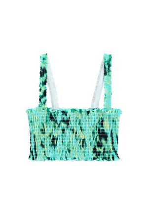 Débardeur court tie-dye vert et noir avec tissu froncé et fines bretelles sur fond blanc.