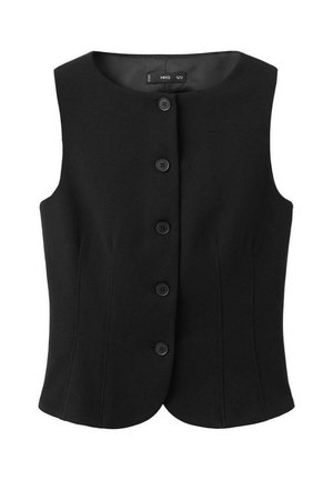 Schwarze ärmellose Weste mit rundem Ausschnitt, fünf vorderen Knöpfen, tailliertem Schnitt und vertikalen Nähten für eine figurbetonte Form. Hergestellt aus strukturiertem Stoff.