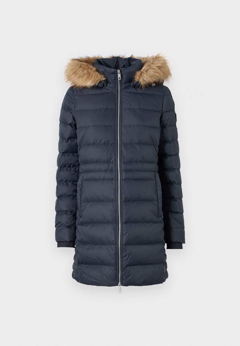 Marineblaue Daunenjacke mit Kapuze aus Faux-F fur, langen Ärmeln und Reißverschluss vorne. Hat ein gesticktes, gestepptes Muster und elastische Bündchen für Wärme.