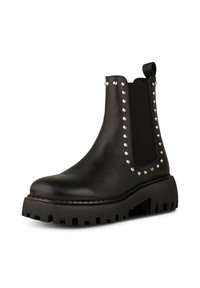 Svarta fusk läder ankelskor med elastiska sidopaneler, silvernitar, kraftig gummisula och dragflik bak.