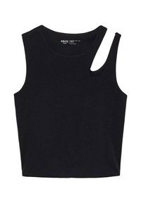 Svart ärmlös topp gjord av mjukt tyg. Har en unik asymmetrisk halsringning och en enskild axelsnittdetalj.