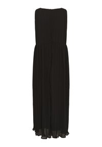Svart, ärmlös maxiklänning med vertikala veck, rund halsringning och en flödande nederkant. Stängs baktill med en dold dragkedja.