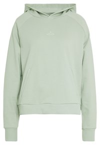Felpa verde chiaro con tasca a marsupio, polsini e orlo a costine. Presenta una semplice grafica di un gancio sul petto. Tessuto dalla texture morbida.