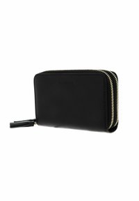 Portafoglio in pelle nera con dettagli in zip dorata, texture liscia, forma rettangolare, dotato di una linguetta per la zip e logo in rilievo sulla parte anteriore.