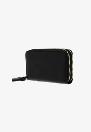 Portafoglio in pelle nera con dettagli in zip dorata, texture liscia, forma rettangolare, dotato di una linguetta per la zip e logo in rilievo sulla parte anteriore.