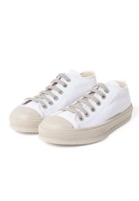 White canvas sneakers with grey laces, round toe, and rubber sole. Textured side panels and a textured toe cap for grip.