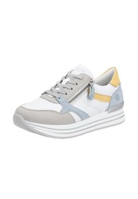 Sneaker med en hvid overdel, grå og blå ruskind detaljer, gul accent og en dekorativ lynlås på siden; har en polstret sål med striber.