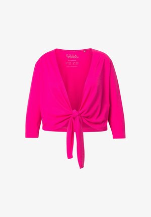 Kurzärmlige, leuchtend pinke Wickelbluse mit Knotenfront und V-Ausschnitt. Hergestellt aus einem weichen, dehnbaren Stoff.
