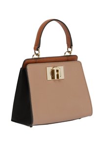 Structured handbag with a tan leather body, black base, and brown top handle. Features a metallic clasp and textured finish.