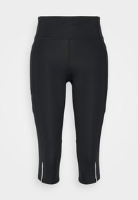 Leggings capri neri realizzati in materiale elasticizzato, con un alto punto vita, fessure laterali e elementi di design minimalisti.