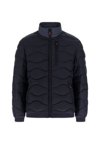 Puffige schwarze Jacke mit Wellenmuster, hohem Kragen, Frontreißverschluss und zwei Seitentaschen mit roten Akzenten.