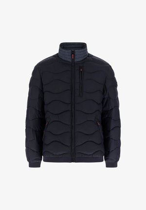 Giacca nera imbottita con motivo a onde, collo alto, cerniera frontale e due tasche laterali con dettagli rossi.