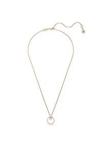 Guldtonad halsband med en känslig kedja, prytt med en cirkulär hänge dekorerad med små klara kristaller och en liten låsdetalj.