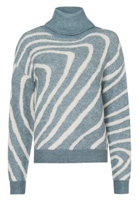 Blaues Rollkragenpullover mit weißen abstrakten Wirbelmustern, langen Ärmeln und gerippten Bündchen und Saum.