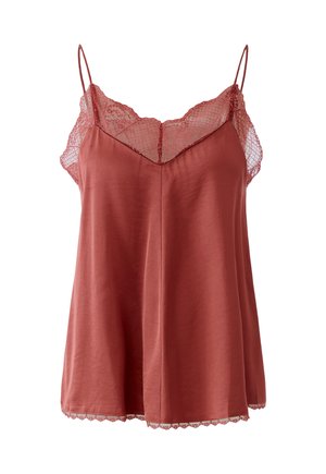 Satin-Camisole in Rostfarbe mit Spitzenbesatz entlang des Ausschnitts und Saums, mit dünnen verstellbaren Schulterträgern.