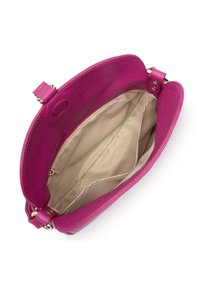 Borsa a tracolla in pelle rosa con una texture liscia, progettata con dettagli in oro. L'interno è beige e presenta una tasca con zip.