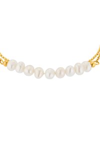 Goldene Halskette mit einer Reihe unregelmäßiger weißer Perlen, die einen schimmernden Glanz aufweisen und entlang der Kette verschiedene Formen zeigen.