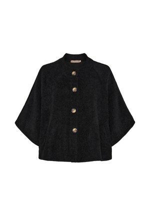 Sort cropped jakke i tekstureret stof, med rund Halsudskæring, tre store knapper og brede ærmer.