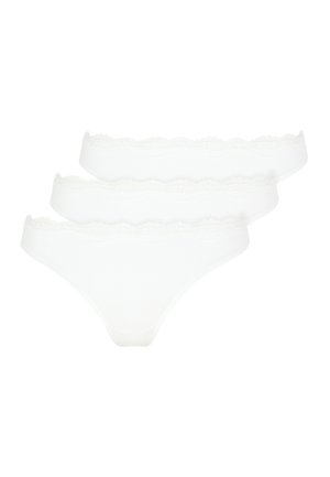 Three pairs of white lace-trimmed thong underwear. Made of soft fabric, featuring a scalloped lace waistband and smooth, minimal coverage.
