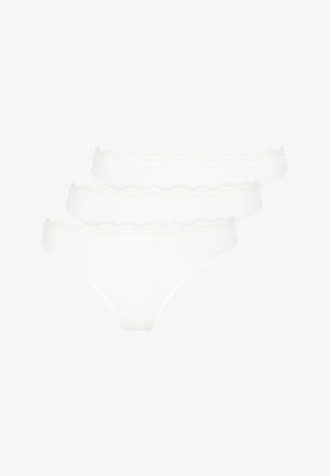 Three pairs of white lace-trimmed thong underwear. Made of soft fabric, featuring a scalloped lace waistband and smooth, minimal coverage.