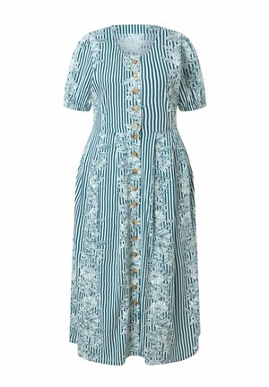 Jurk met verticale strepen in teal en wit, witte bloemmotieven, korte mouwen, ronde hals en houten knopen aan de voorkant.