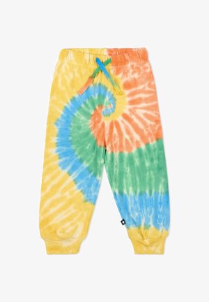 Pantalons de survêtement tie-dye pour enfants avec motif spirale jaune, bleu, vert et orange, taille élastique, cordons multicolores et chevilles à bord côte.
