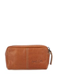 Hnědá kožená pouzdro na tužky obdélníkového tvaru, s dekorativním prošíváním a zipovým uzávěrem. Malé logo vyražené na boku.