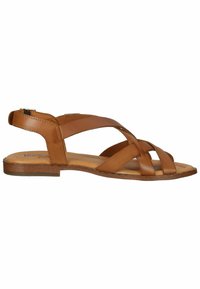 Brown leather sandal featuring crisscross straps, open back, and flat sole. Smooth texture with minimal hardware accents.