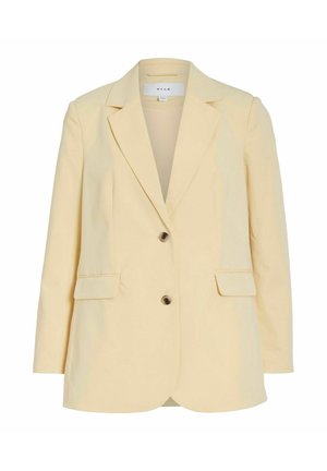 Lichtgele op maat gemaakte blazer met een enkele knoop aan de voorkant, twee voorzakken en aangeknipte revers. Gemaakt van een soepele stof.